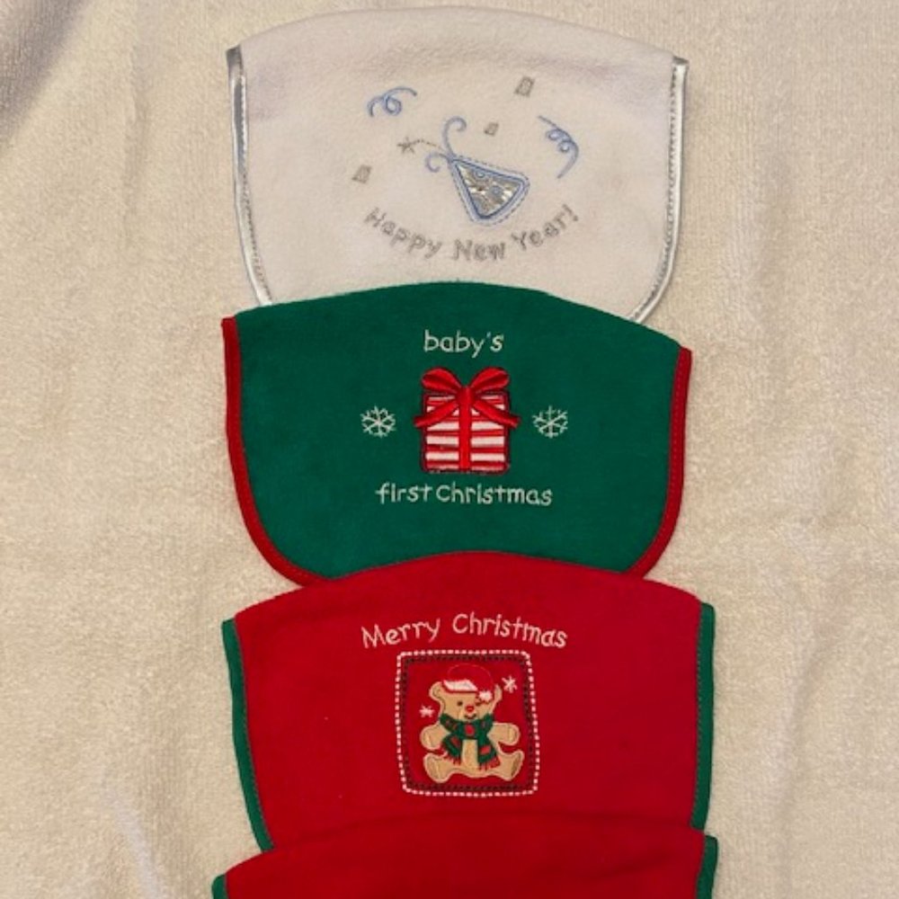 Set of 4 Cutie Pie Holiday Bibs My First Christmas Happy New Year